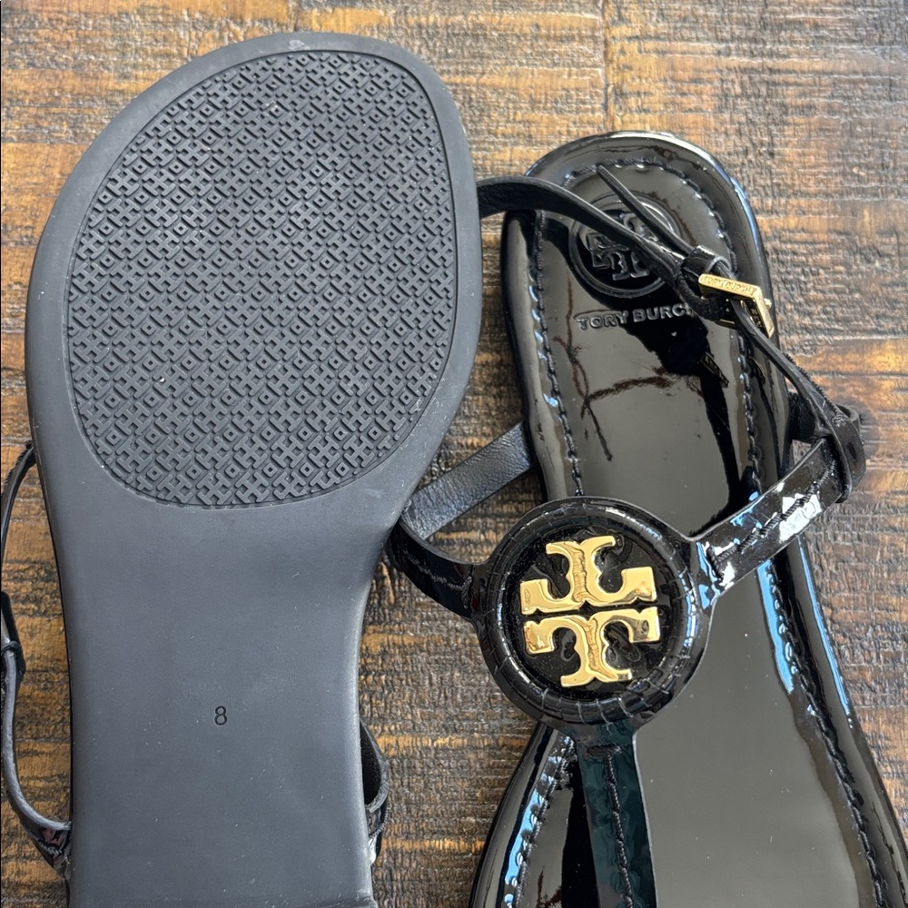 Tory Burch Black Patent Leather Sandals with Gold Emblem - Picture 3 of 3